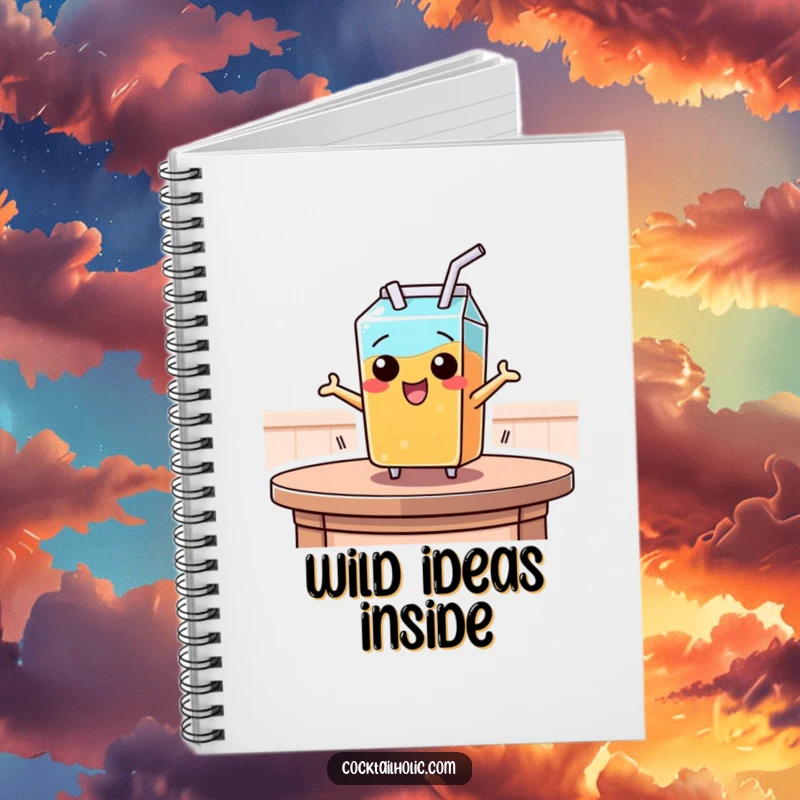 Funny notebook showing a juice box with a straw leaping from a table, inspiring creative thoughts and playful notes.