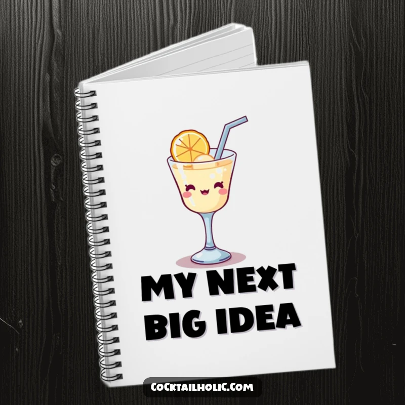 Funny Kawaii cocktail glass with a straw, comically attempting to sip a large bubble, a humorous notebook for creative minds.