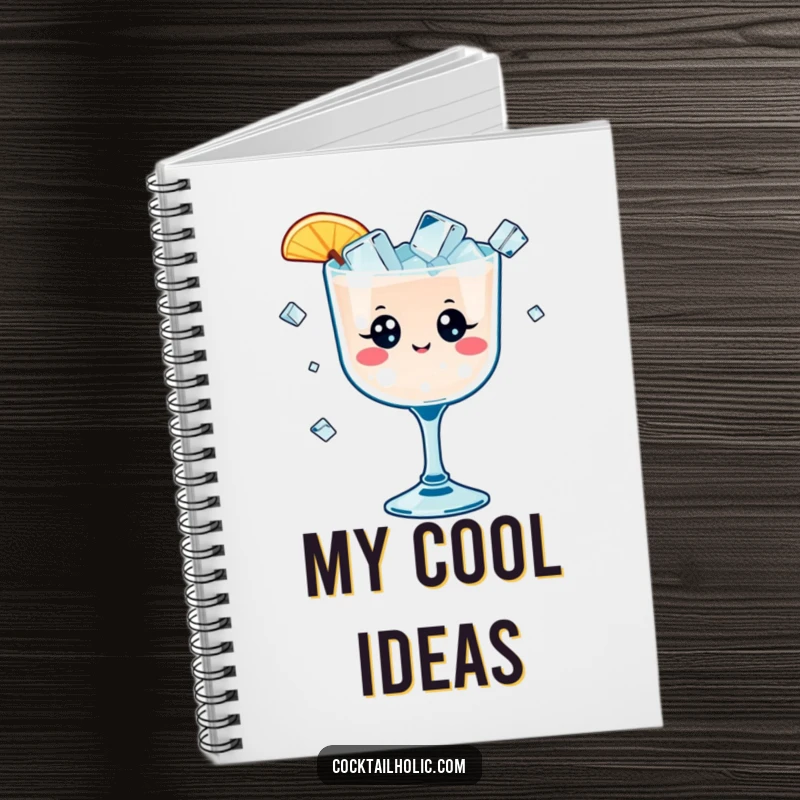 Funny notebook featuring a kawaii cocktail glass with happy eyes juggling tiny ice cubes, ideal for journaling fun party ideas.