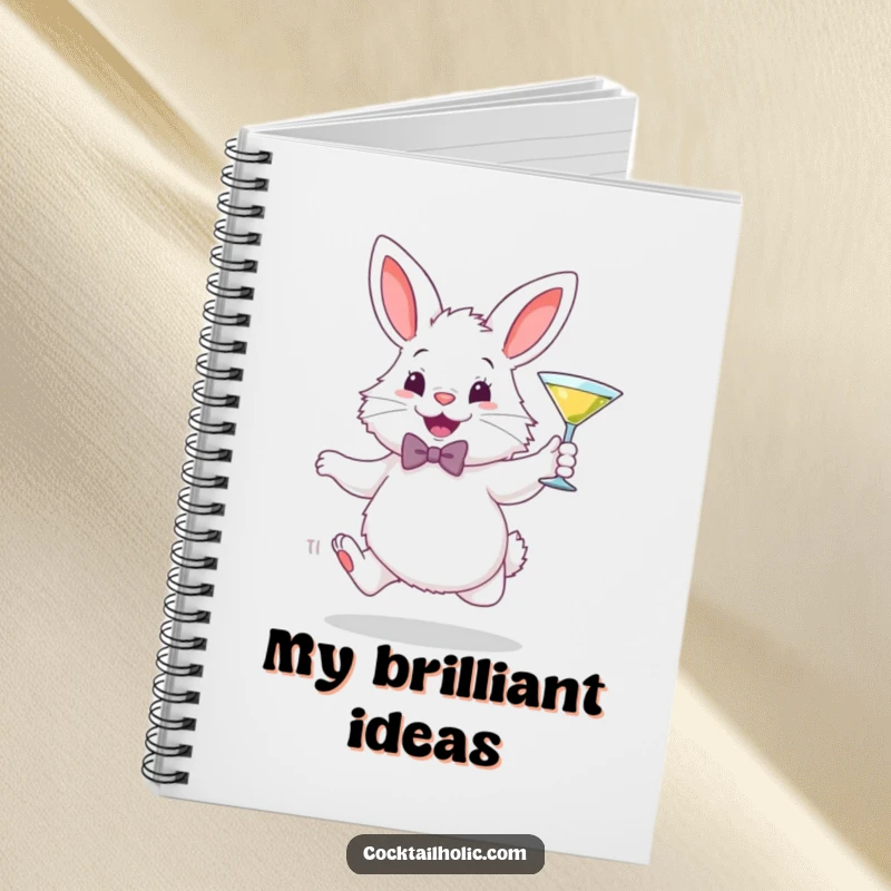 Funny notebook featuring a fluffy white bunny in a bowtie, gleefully hopping with a miniature martini glass, ideal for elegant note-taking.