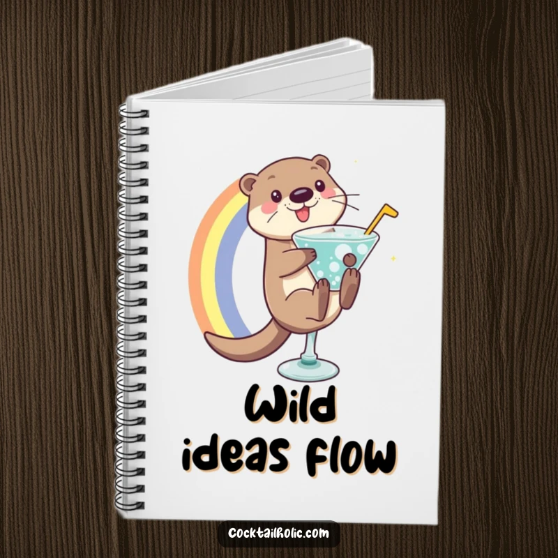 Playful otter character sliding down a rainbow into a bubbly cocktail glass, designed on a notebook cover.