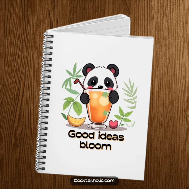 Funny Panda Notebook: Playful panda peeking over a colorful cocktail, perfect for jotting down funny ideas and thoughts.