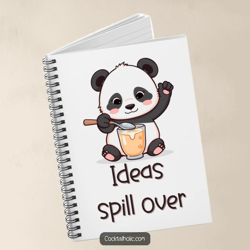 Funny notebook featuring a playful panda bear with an oversized spoon, comically mixing a drink and spilling a little.