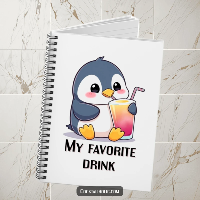 Funny Penguin Sipping Notebook: A cute penguin enjoying a drink, ideal for note-taking with a humorous and charming touch, perfect for students or writers.
