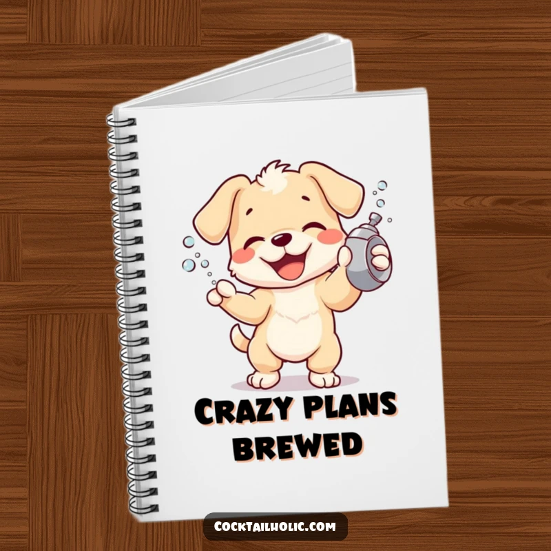 Joyful puppy character shaking a cocktail shaker with bubbles flying, designed on a fun notebook cover.