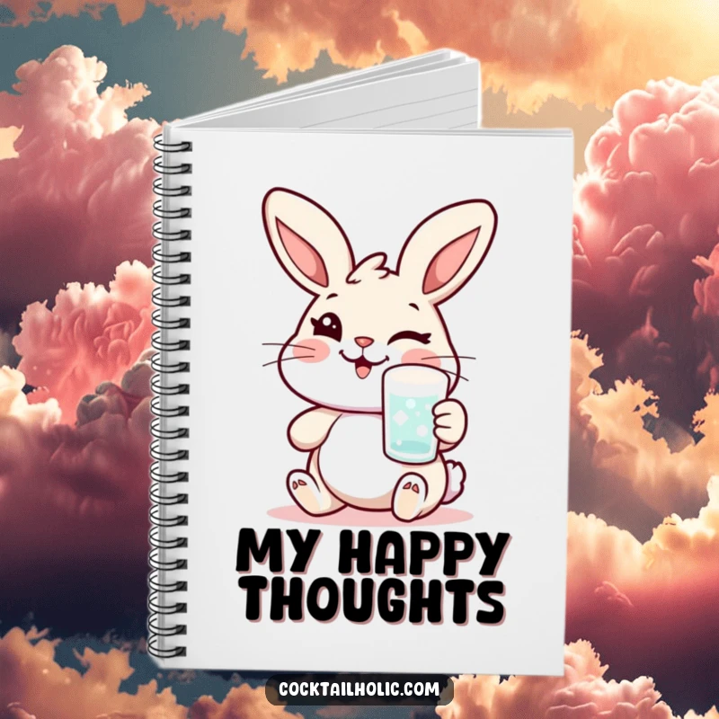 Funny rabbit notebook with a cheerful character winking and holding a frosted glass, ideal for capturing ideas with playful charm.