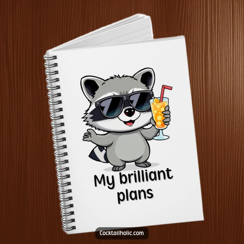 Funny raccoon wearing sunglasses, holding a cocktail with a smirk, on the cover of a notebook, for writing.