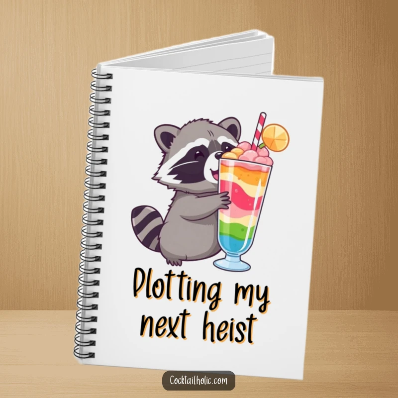 Funny raccoon notebook cover, showing a cute raccoon intensely reaching for a colorful layered drink, inspiring humorous writing.