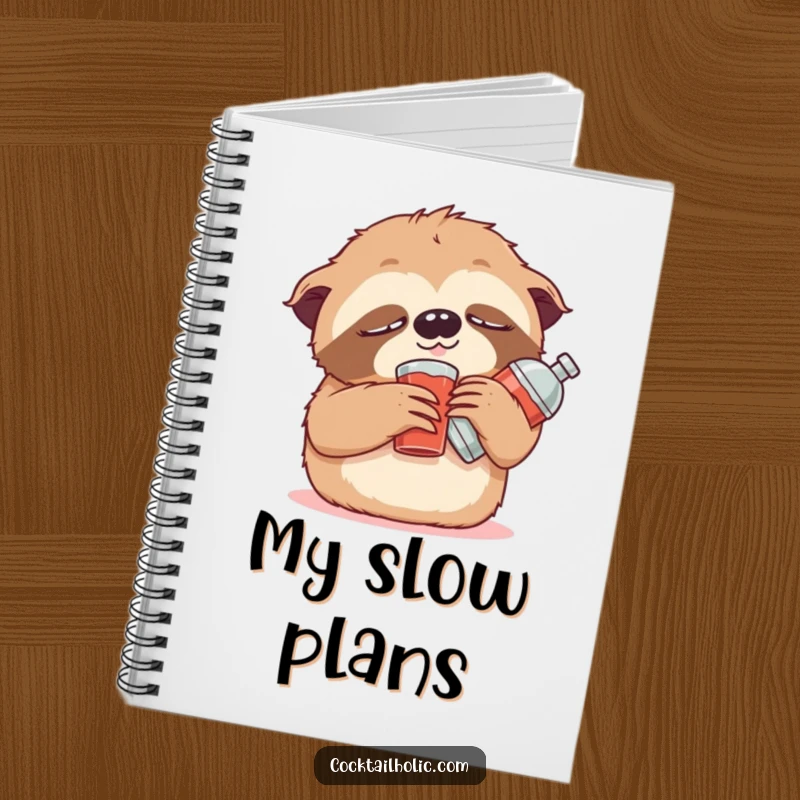 Funny Notebook with a cover depicting a cute, drowsy sloth character propped up with a small stuffed cocktail shaker, ready for notes.