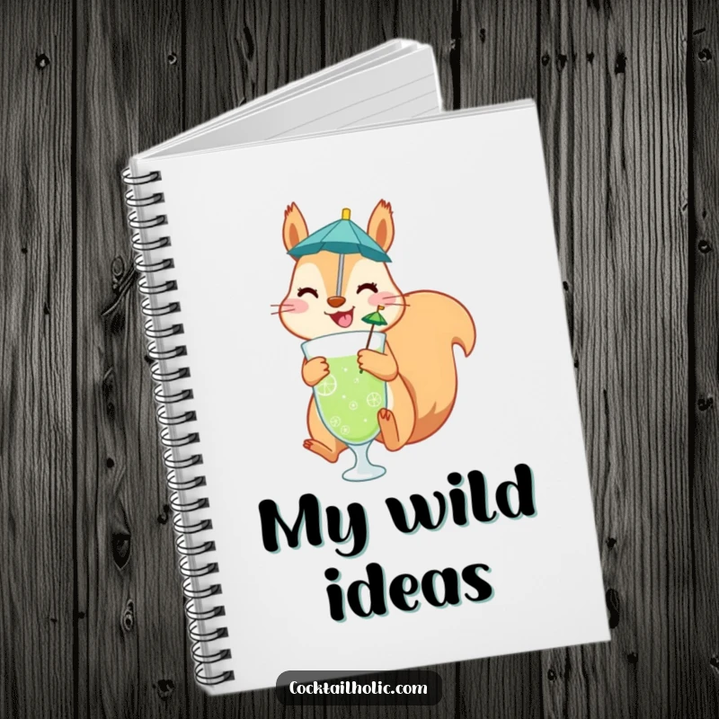 Funny notebook with a cheerful squirrel jumping, holding a drink with a tiny umbrella, designed for jotting down funny thoughts.