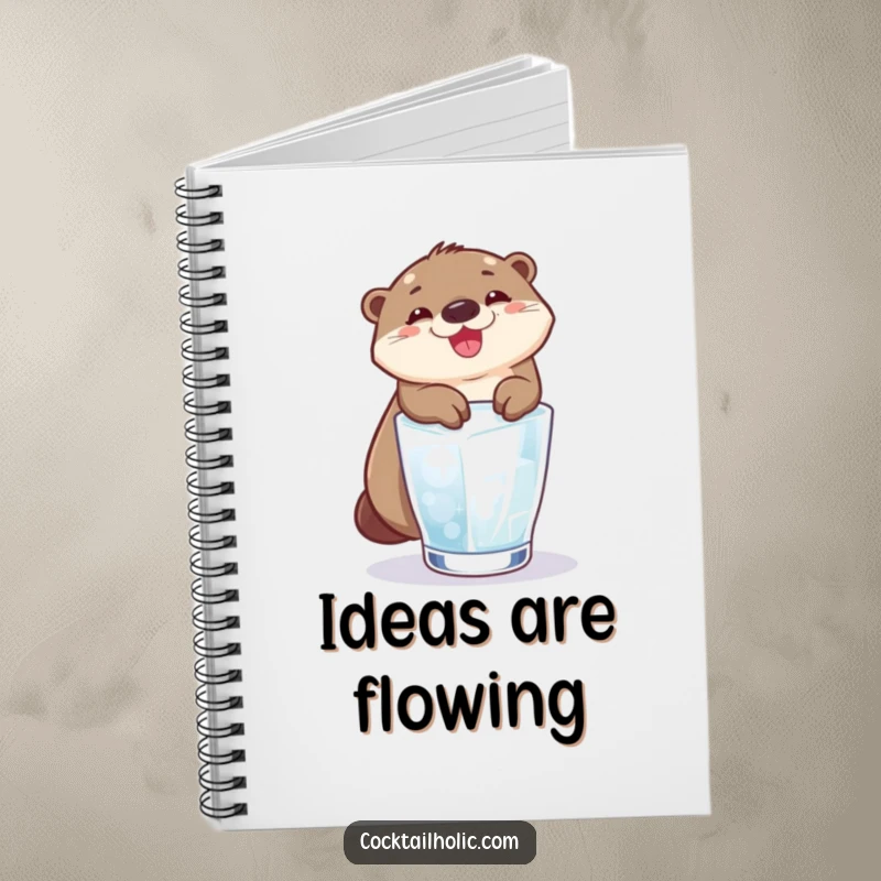 Funny otter grinning broadly while sliding down an ice cube into a glass, on the cover of a notebook.
