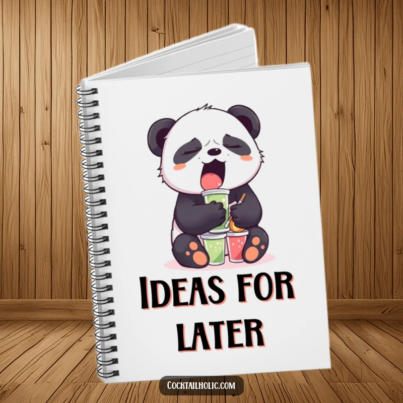 Funny Sleepy Panda Notebook: A yawning panda balances mini drinks, perfect for jotting down ideas with humorous, sleepy flair.