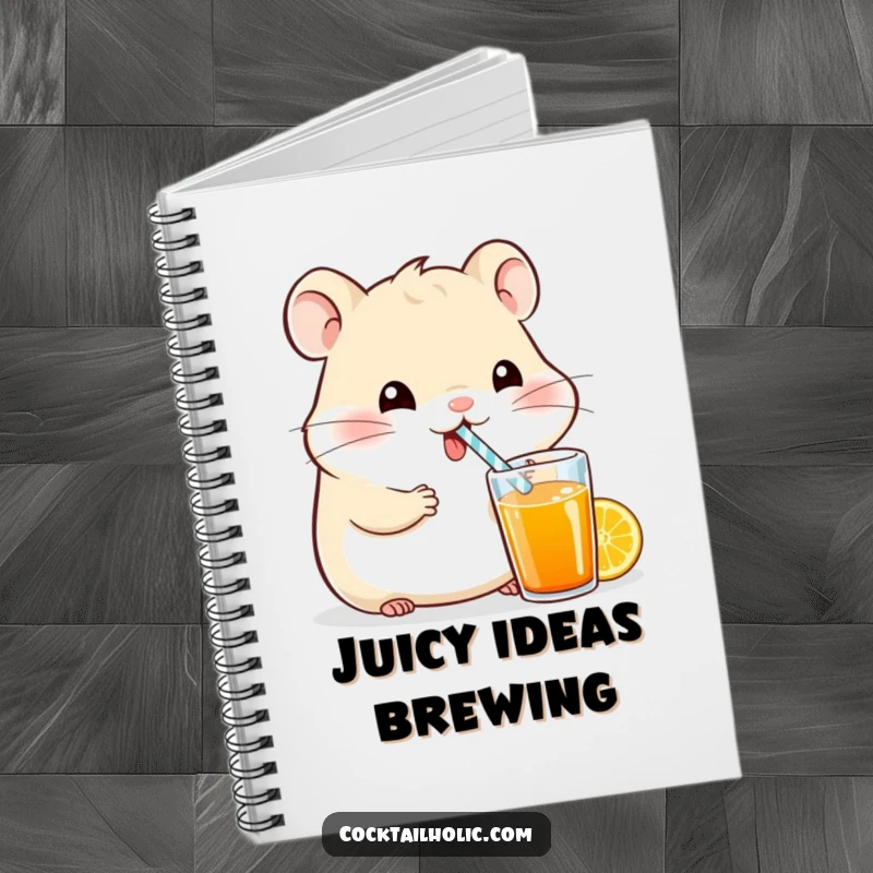 Funny hamster character happily sipping a colorful drink with a tiny straw, designed on a notebook cover.