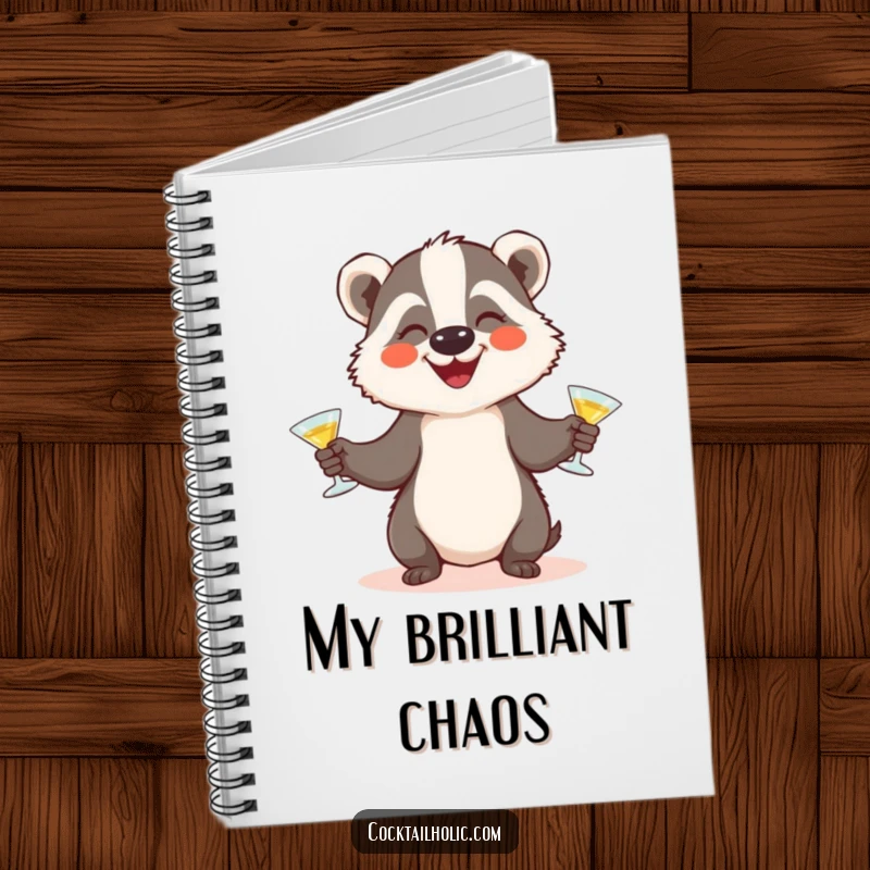Funny badger cocktail notebook with a happy badger character juggling tiny glasses, ideal for note-taking and doodling.