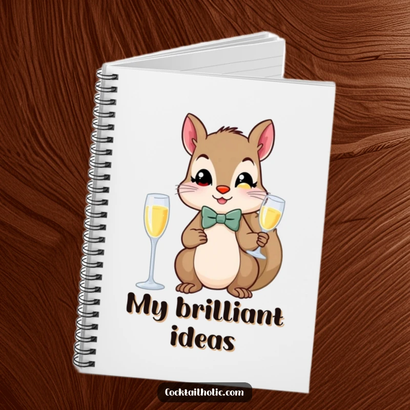 Funny squirrel in a bow tie, holding a champagne flute, on a notebook cover.