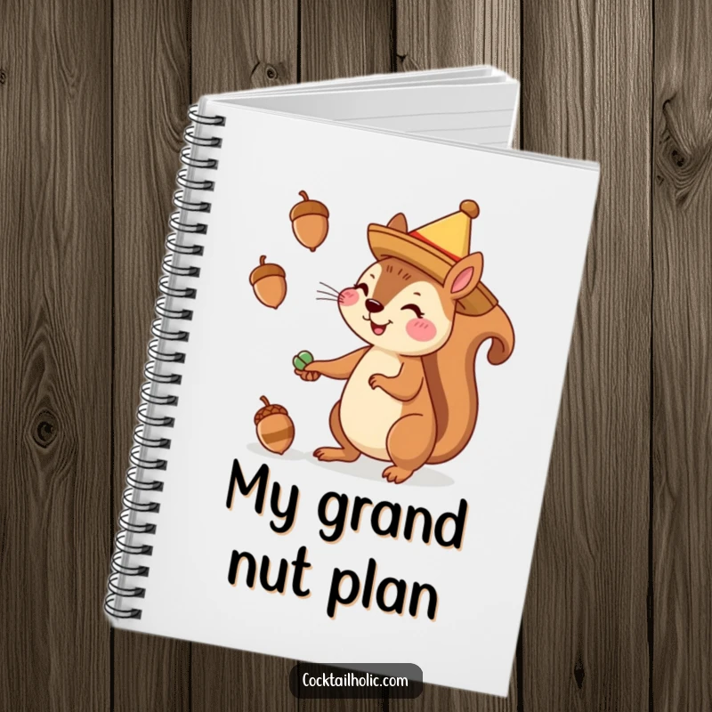 Funny notebook with a cheerful squirrel in a sombrero juggling acorns, perfect for jotting down notes with humor.