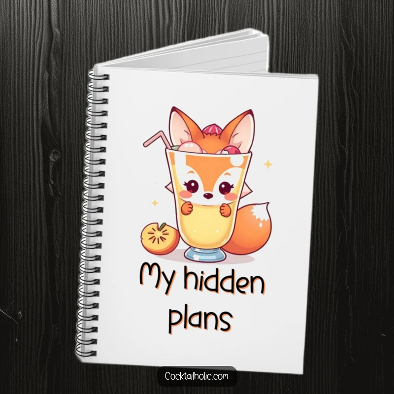 Funny fox notebook with a shy character peeking behind a giant cocktail, ideal for capturing ideas with subtle inspiration.