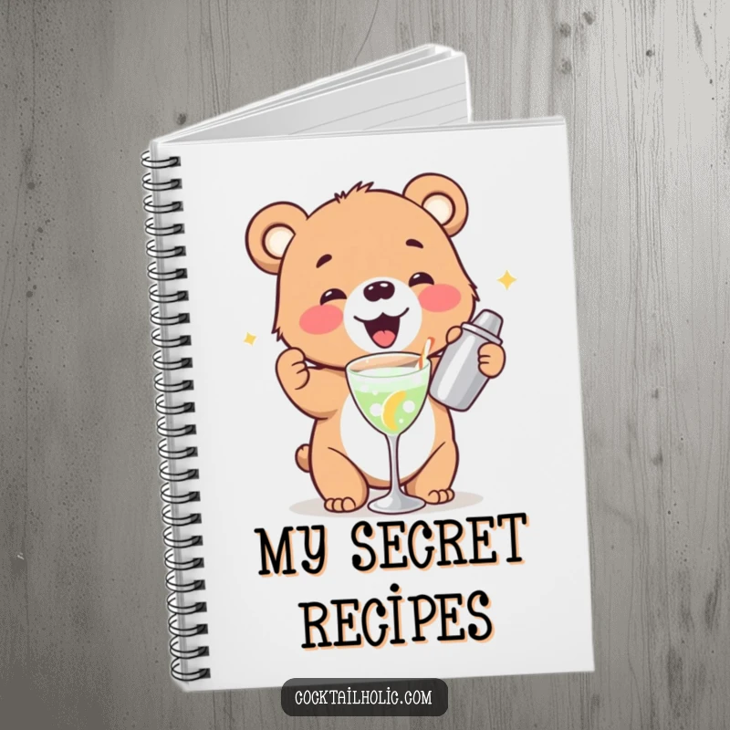 Funny bear cub notebook cover gleefully shaking a cocktail shaker, a humorous journal for notes and ideas.
