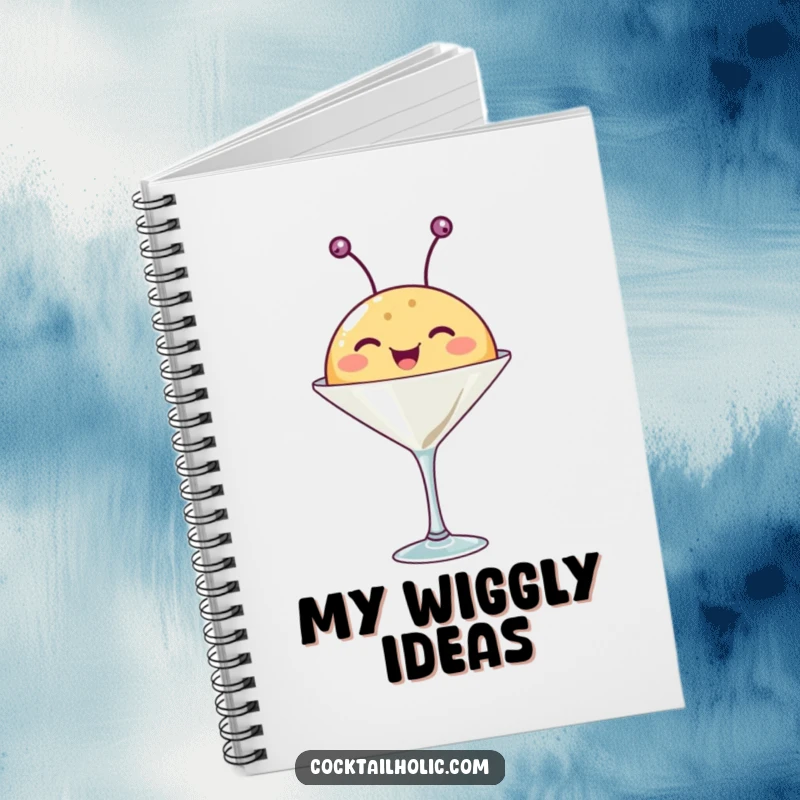 Funny notebook cover with a happy, round creature whose antennae wiggle from a martini glass, inspiring fun ideas.