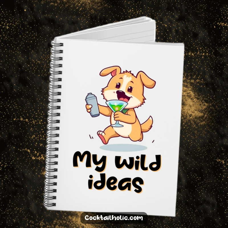 Funny dog notebook with an energetic character chasing a cocktail shaker, ideal for capturing ideas with playful inspiration.