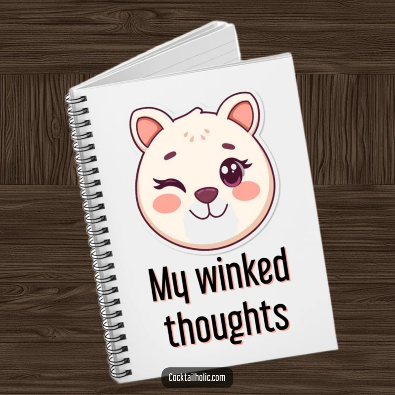 Funny notebook cover with a round, smiling animal face winking playfully, inspiring creative and humorous notes.