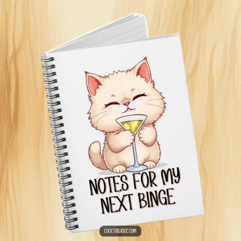 Funny Cat Martini Notebook: A fluffy cat winks playfully with a martini, ideal for jotting down ideas with humorous flair.