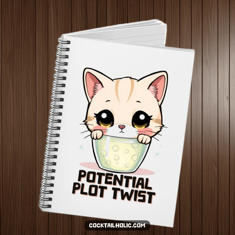 Funny cat notebook, with wide, curious eyes, observing a glass of bubbly drink, ideal for jotting down observations.
