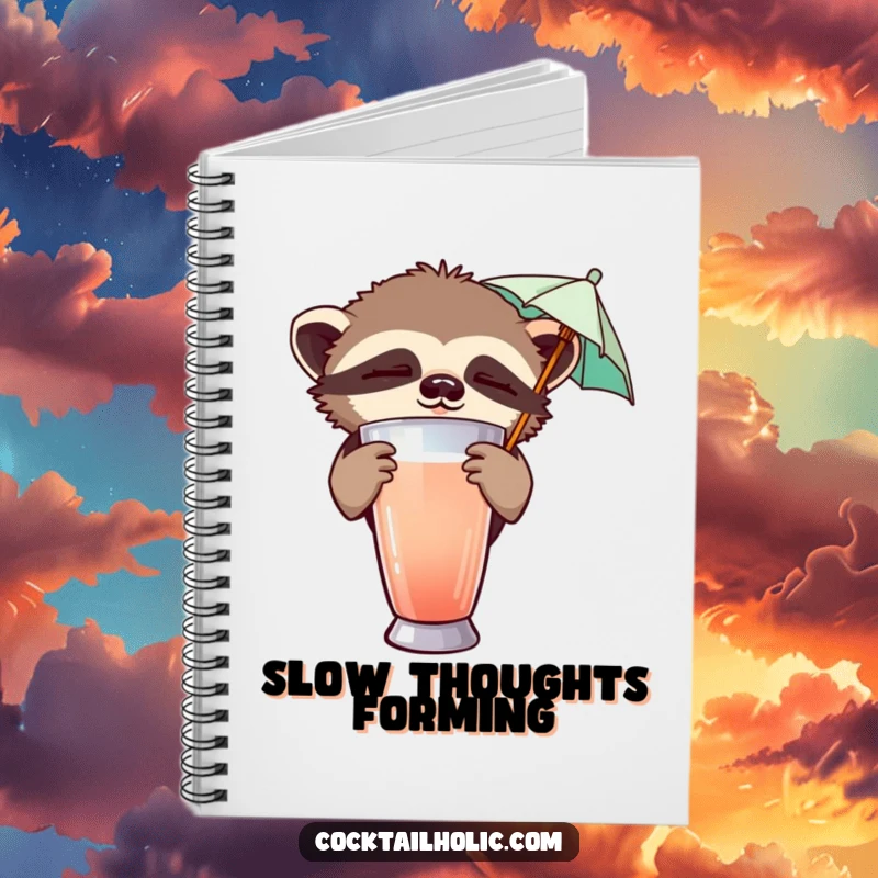 Funny notebook featuring a sleepy sloth peeking from behind a cocktail shaker, holding a tiny umbrella, for slow and mindful writing.