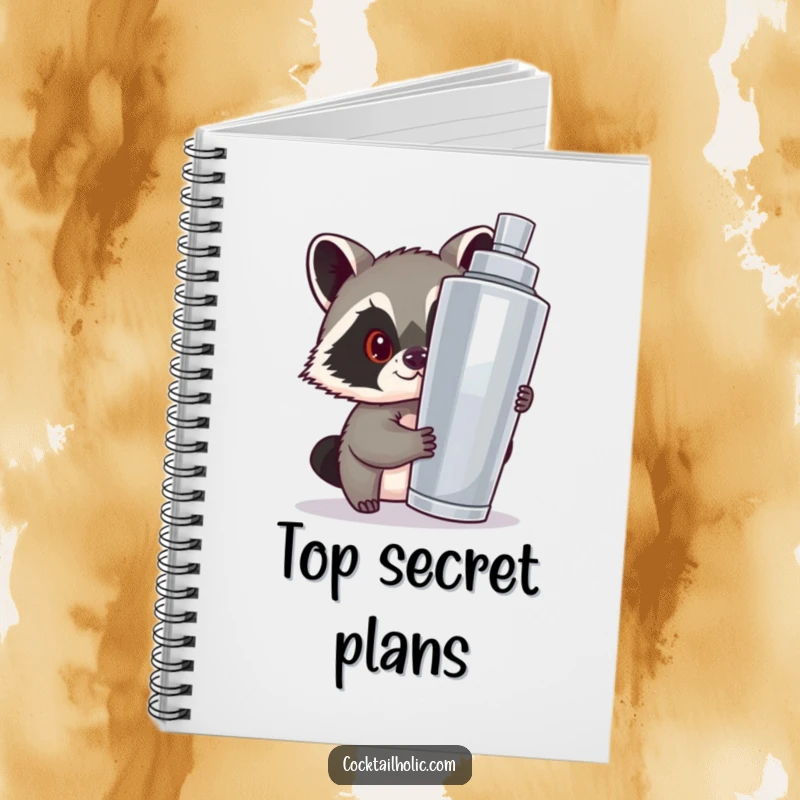 Funny notebook featuring a mischievous raccoon peeking from a cocktail shaker, perfect for jotting down clever and humorous ideas.