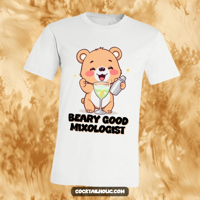 Funny bear cub t-shirt gleefully shaking a cocktail shaker, perfect humorous apparel for party goers.