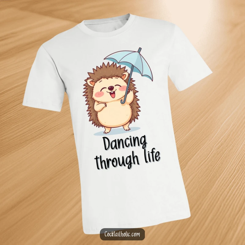 Funny t-shirt depicting a giggling hedgehog in a silly dance pose, holding a small umbrella with delight.