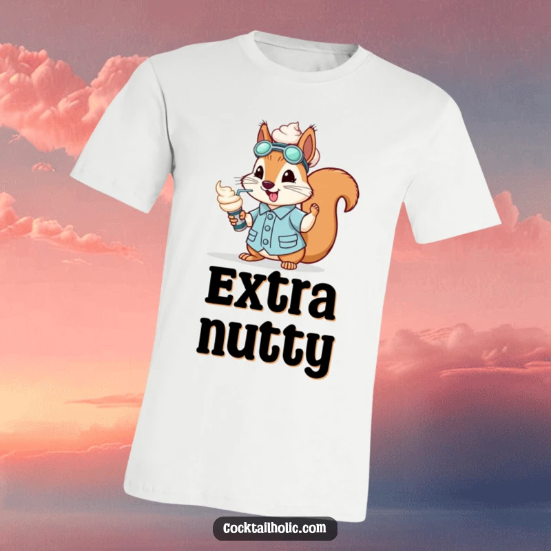 Funny squirrel dressed as a mixologist, spraying whipped cream from a can, printed on a t-shirt.