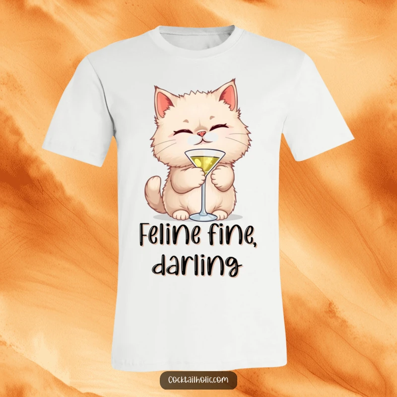 Funny Winking Cat Cocktail T-Shirt: A charming feline winks while holding a tiny martini, radiating playful sophistication and humor.