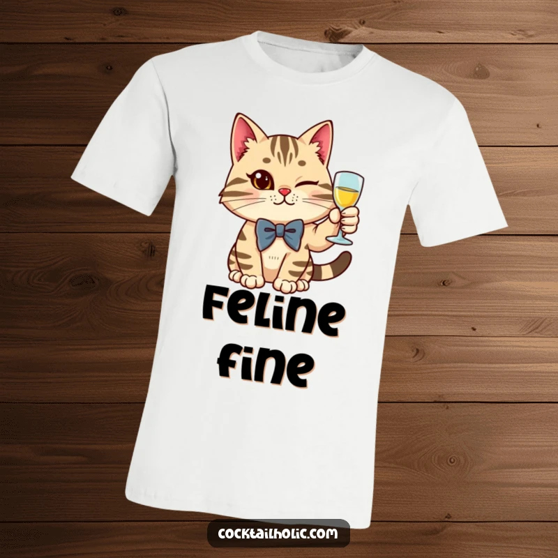 Funny stylish cat in a bow tie raising a glass with a wink, printed on a t-shirt.