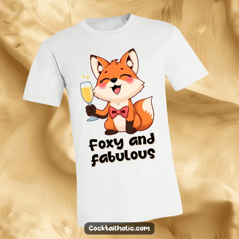 Funny Giggling Fox Bow Tie T-Shirt: A cheerful fox wearing a bow tie raises a tiny champagne flute, embodying sophisticated humor.