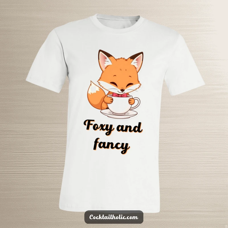 Funny T-shirt featuring a playful fox character wearing a bow tie and sipping from a tiny teacup.