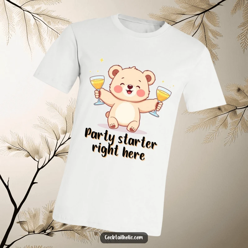 Funny t-shirt depicting a cute, fluffy bear cub gleefully juggling three sparkling cocktail glasses, perfect for party enthusiasts.