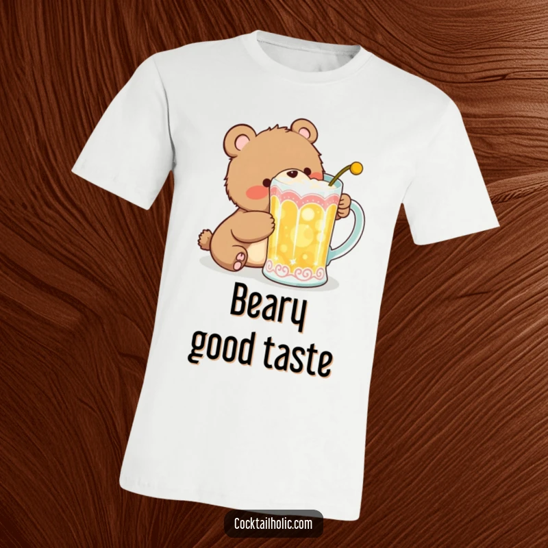 Funny T-Shirt with a giggling bear cub trying to sneak a sip from a large, decorative cocktail mug, captured in a moment of mischief.
