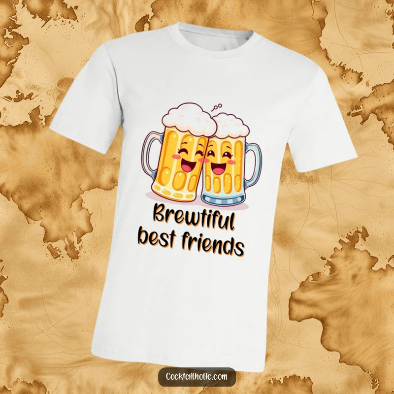 Funny t-shirt featuring two happy beer mugs giving a high five, symbolizing friendship and good times, a hilarious gift.