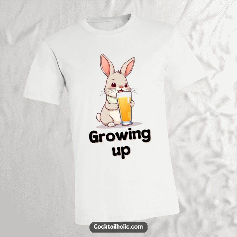 Funny bunny rabbit in a bib trying to sip a very tall drink, printed on a t-shirt.