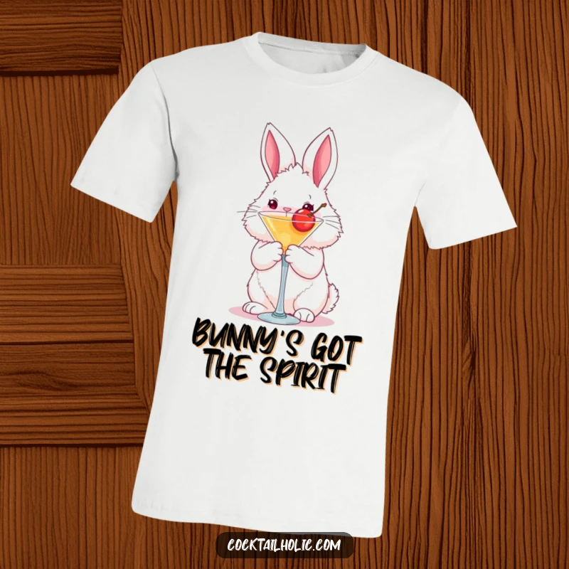 Funny fluffy bunny t-shirt holding a martini glass with a cherry, humorous apparel for festive occasions.