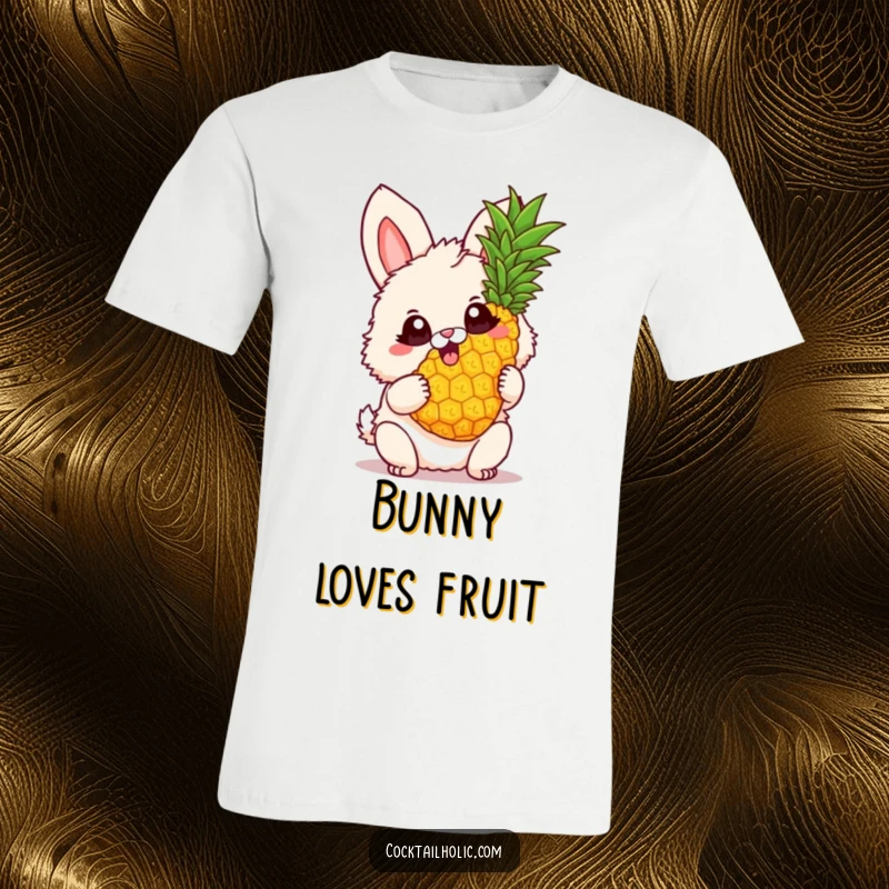 Funny T-Shirt with a fluffy bunny, big excited eyes, joyfully twirling a pineapple, embodying pure happiness and tropical fun.