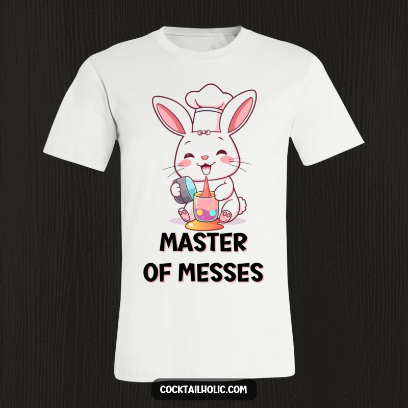 Funny t-shirt shows a happy bunny chef in a tiny hat, playfully spilling colorful liquid from a shaker.