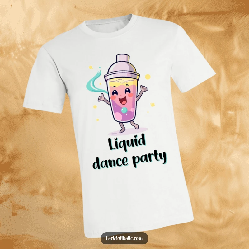 Funny playful cocktail shaker with a smiling face, energetically dancing with swirling liquid on this humorous t-shirt.