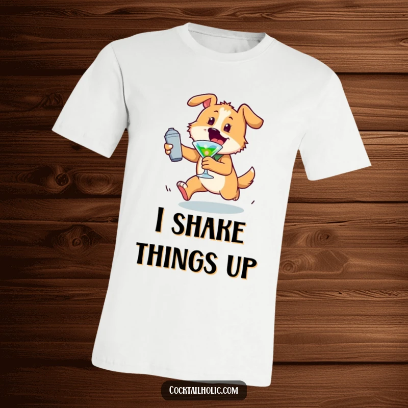 Funny dog t-shirt with an energetic character chasing a cocktail shaker, expressing playful humor and a love for parties.