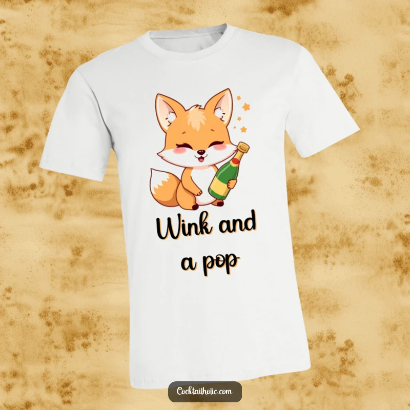 Funny fox t-shirt showing a cheerful fox character winking with a miniature champagne bottle, embodying celebration and mischief.