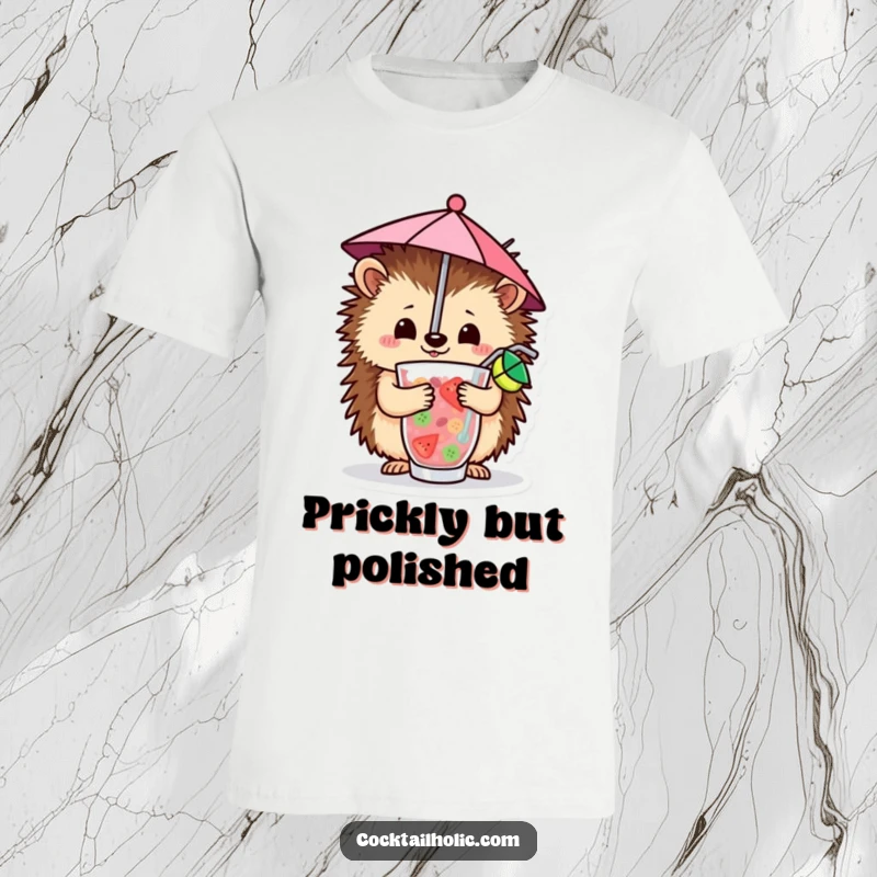 Funny T-Shirt with a cheerful hedgehog carefully balancing a tiny umbrella inside a vibrant, fruity cocktail, radiating happiness.