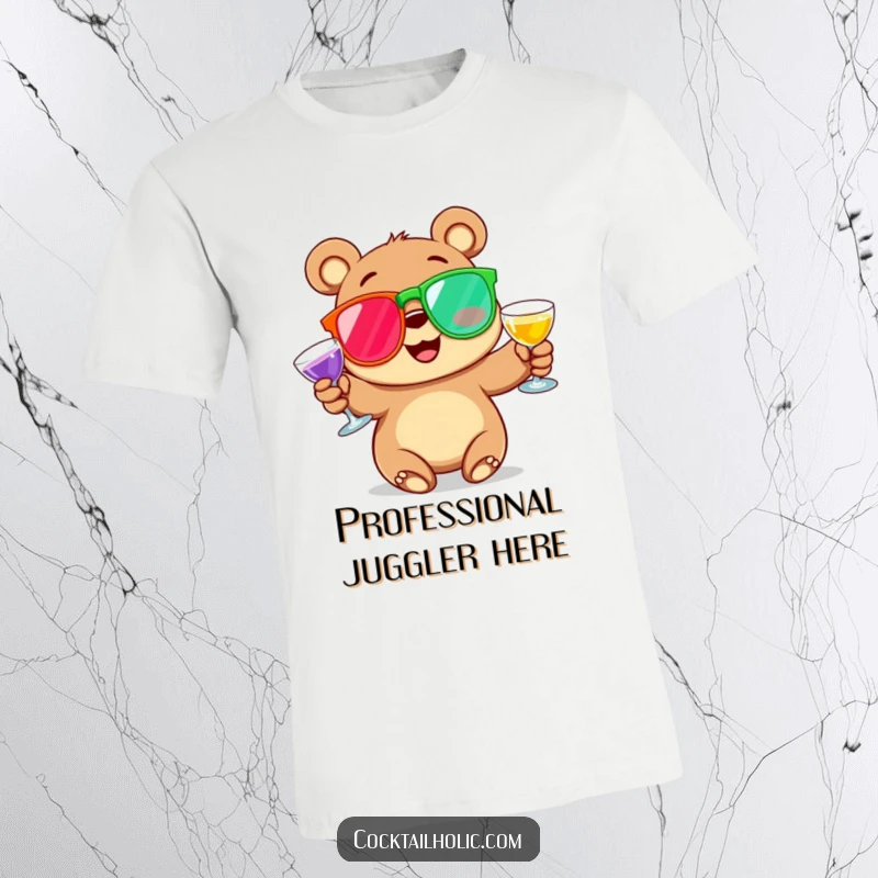 Funny T-Shirt showing a cheerful cartoon bear with rosy cheeks, enthusiastically juggling large, colorful cocktail glasses, embodying a fun and festive spirit.