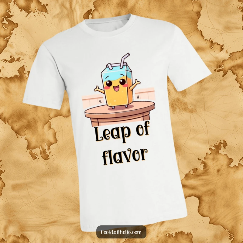Funny t-shirt featuring a mischievous juice box leaping from a table, capturing a moment of playful escape, a humorous design.