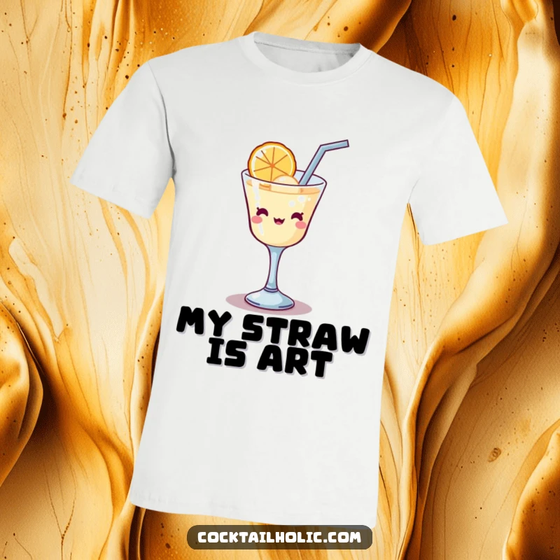 Funny Kawaii cocktail glass with a straw, comically attempting to sip from a giant bubble, a humorous graphic tee.